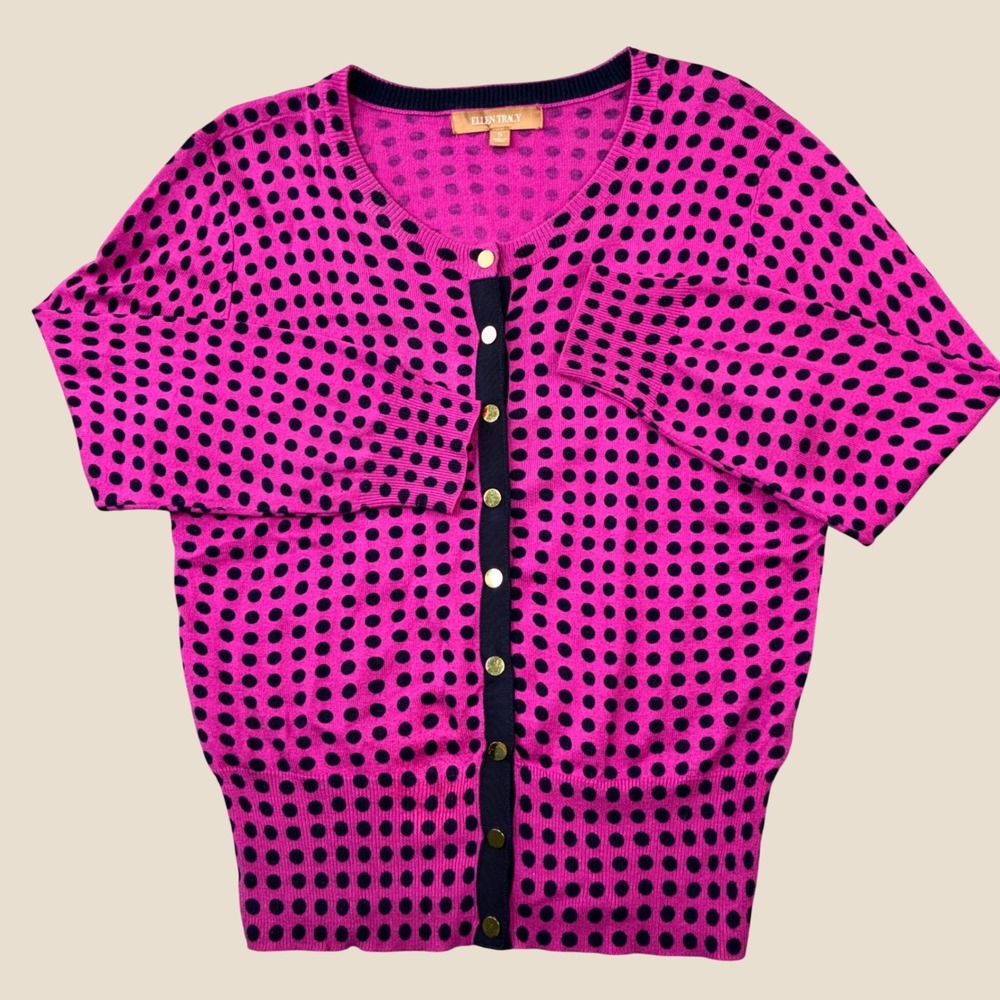 Ellen Tracy Polka Dot Cardigan Sweater Small Pink Black Button Front Coquette